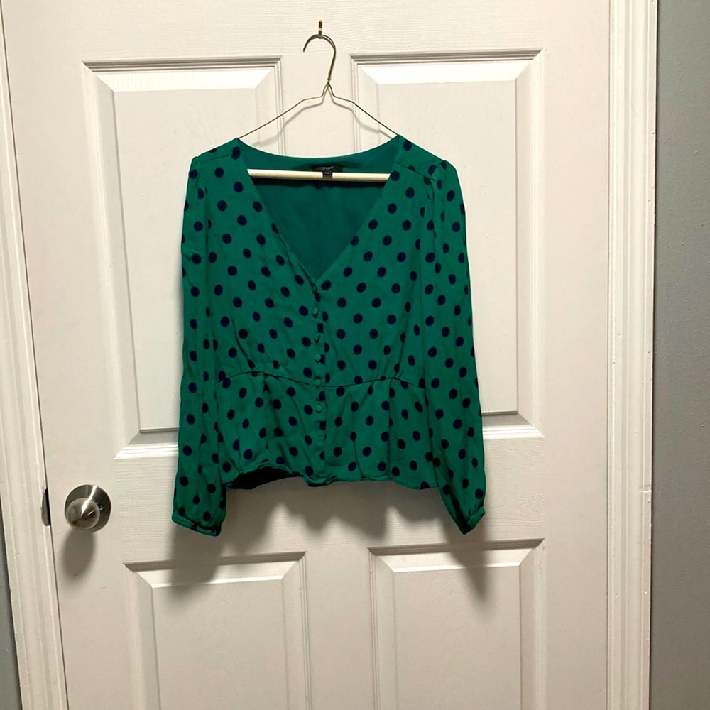 J Crew green with navy polka dot long sleeved shirt Size 10